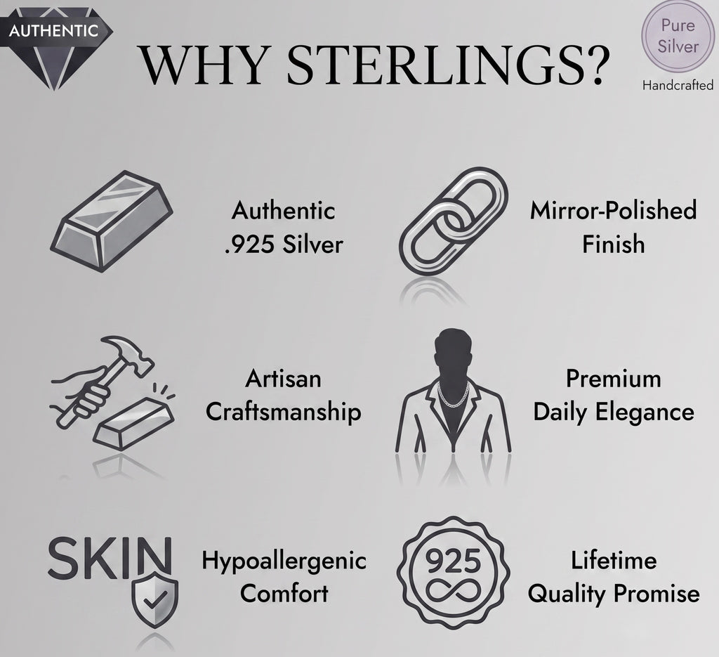 Promotional graphic for Sterling Silver jewelry, highlighting features like authenticity, finish, craftsmanship, and comfort.