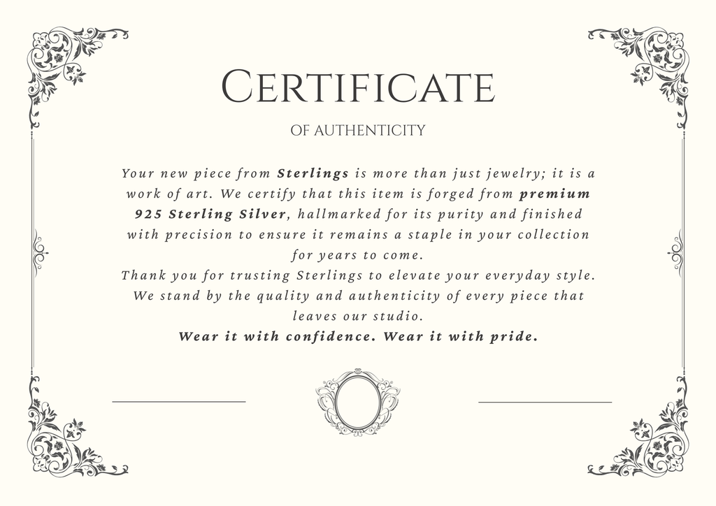 Certificate of Authenticity for Sterling Silver jewelry with decorative frame