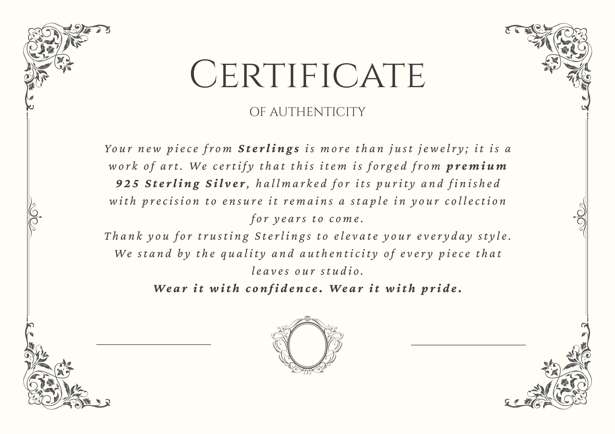 Certificate of Authenticity for Sterling Silver jewelry with decorative frame